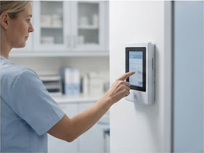 Profesional sanitaria registrando datos en un terminal de pared