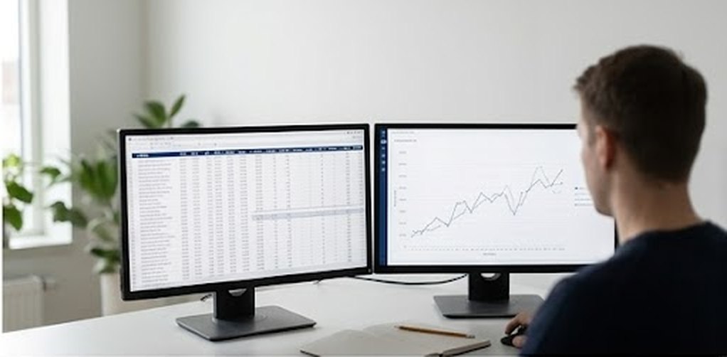 Analista revisando tablas y series temporales en dos monitores