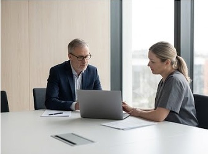 Dos profesionales revisando indicadores en una reunión