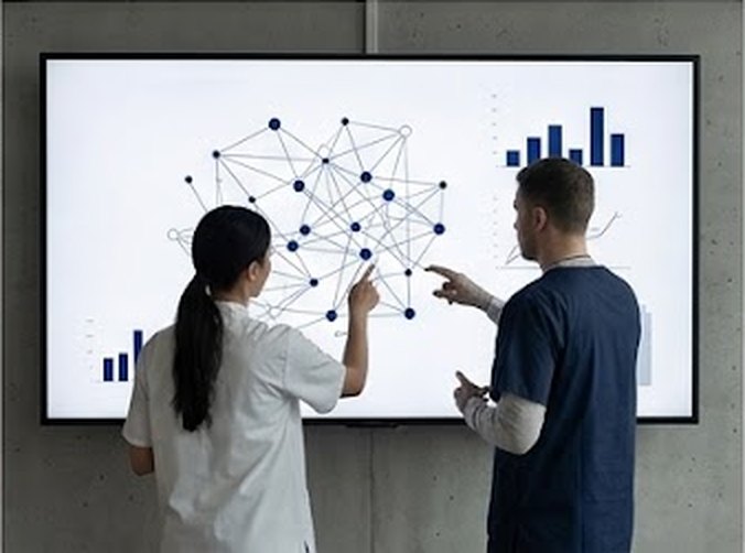 Dos profesionales revisando un modelo en una pantalla mural